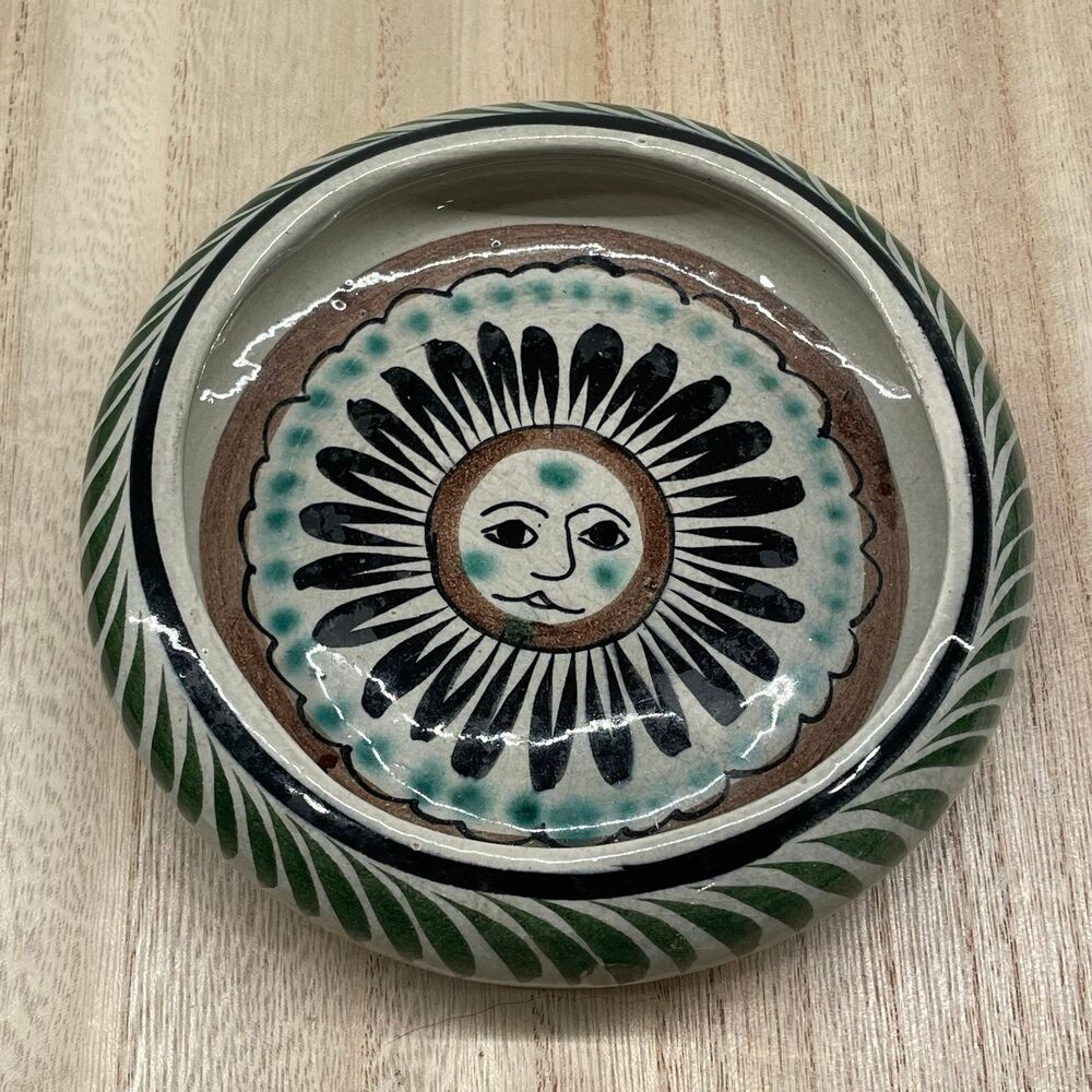 Hand Painted Mexican Tonala Signed Round Pottery  Trinket Dish SUN Design
